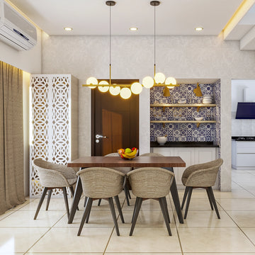 Classic 6-Seater Dining Room Design Idea with Drop Lights and Unit